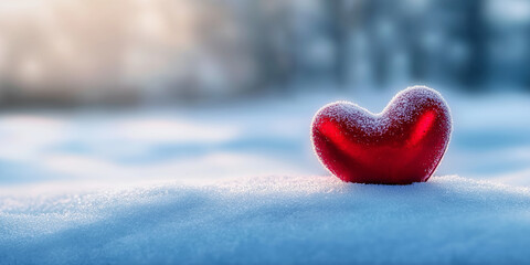 Red heart lying on snow during sunset in winter