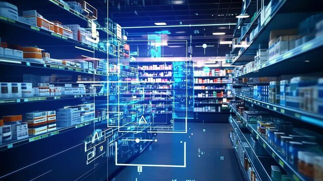 Digital interface displaying data analysis and information about medicines on shelves in a pharmacy, showcasing innovative inventory management and stock control through augmented reality