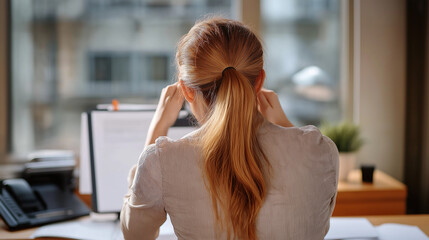 Businesswoman feeling tired and stressed at work, rubbing temples in office