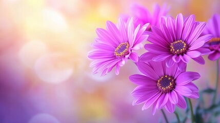 Obraz premium Beautiful bouquet of vibrant purple daisies against a soft, colorful bokeh background