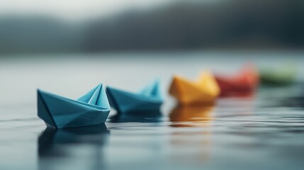 branding Colorful paper boats float serenely on calm water, creating a tranquil and artistic scene, perfect for evoking creativity and imagination.