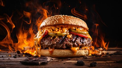 Sizzling Beef Burger Patty on Hot BBQ Grill Flames