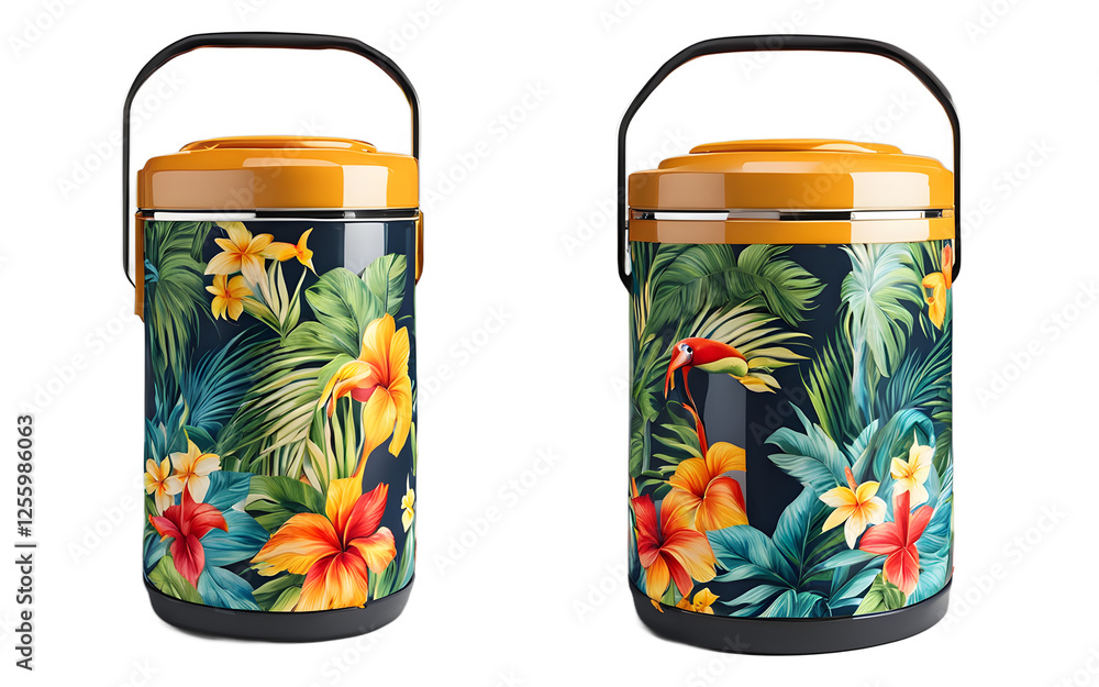 Aufkleber a portable cooler with a handle and a tropical-themed design, isolated on a empty plain background