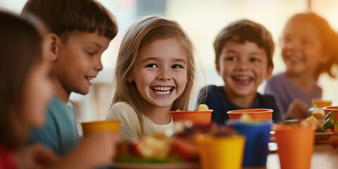 Happy children smiling and eating healthy food together at school