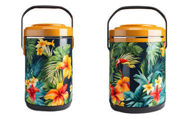 A portable cooler with a handle and a tropical-themed design, isolated on a empty plain background