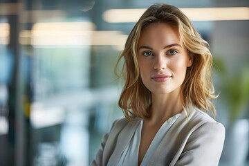 Confident Woman in Modern Office Setting, Projects Success and Professionalism, Exuding Positivity and Strength,  Displays a Professional Image,  Career Aspirations and Workplace Success.