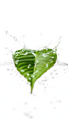 Green leaf in water splashes isolated on white, blurry foreground. with white shades