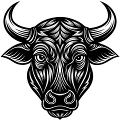 Bold Black and White Stylized Bull Head Illustration with Powerful Expression