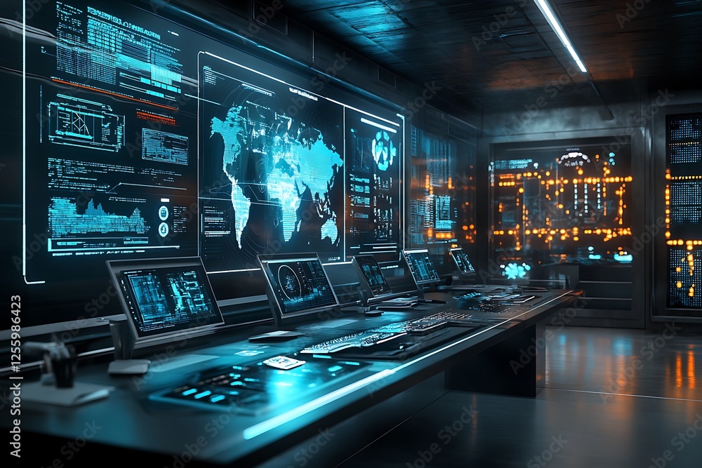 Aufkleber futuristic tech control room with multiple screens displaying global data.