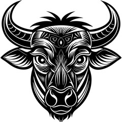 Bold Black and White Stylized Bull Head Illustration with Powerful Expression