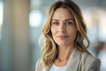 Obraz premium Woman with Blonde Hair Smiles Confidently, Projecting Professionalism and Success in Modern Workplace. Positive Body Language and Self-Assured Demeanor Showcases Inner Strength and Determination.