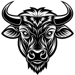 Bold Black and White Stylized Bull Head Illustration with Powerful Expression