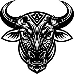 Bold Black and White Stylized Bull Head Illustration with Powerful Expression