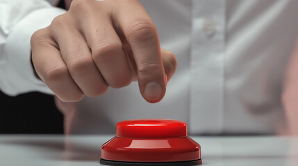 Businessman is pushing a red button on a white table