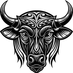 Fototapeta premium Bold Black and White Stylized Bull Head Illustration with Powerful Expression