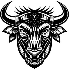Bold Black and White Stylized Bull Head Illustration with Powerful Expression