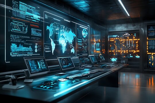Futuristic tech control room with multiple screens displaying global data.