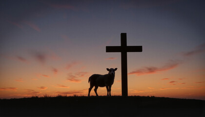 Silhouette of a single sheep standing beside a rustic wooden cross at twilight, symbolizing faith on Palm Sunday