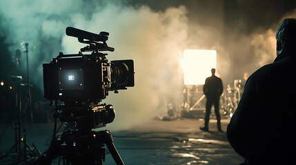 Fototapeta premium Cameraman with professional video camera on the background of stage lighting and smoke