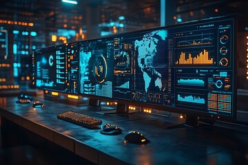 Futuristic control room with multiple monitors displaying data analytics, graphs, and world map.