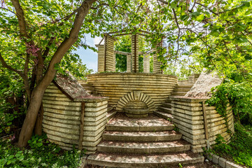 View of abandoned sea resort concrete buildings and structures in ruins near St. Constantine and Helena, city of Varna, Bulgaria, the shores of Black Sea, EU