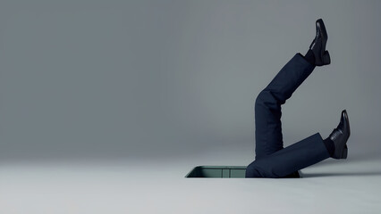 Businessman's legs in black trousers and shoes falls into a hole. The concept of "over the barrel". To be fired, being thrown away and rejected.