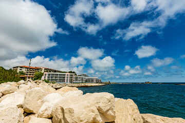 View of abandoned sea resort concrete buildings and structures in ruins near St. Constantine and Helena, city of Varna, Bulgaria, the shores of Black Sea, EU