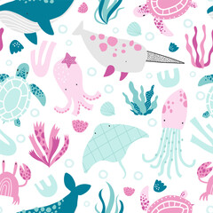 Vector cute seamless pattern with sea creatures, shells and seaweed. Whale, octopus, narwhal, crab, turtle. Sea, ocean. Creative kids texture for fabric, wrapping, textile, wallpaper. Nursery.