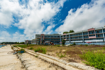 View of abandoned sea resort concrete buildings and structures in ruins near St. Constantine and Helena, city of Varna, Bulgaria, the shores of Black Sea, EU