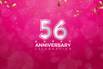 56th Anniversary celebration, 56 Anniversary celebration, Realistic 3d sign, stars, Pink background, festive illustration, Silver number 56 sparkling confetti, 56,57