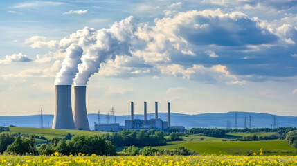 spring landscape with power station