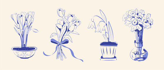 Spring flowers, hand drawn in ink. Daffodils, crocuses, tulips, lilies of the valley. Design elements for Mother's day, women's day, and birthday. Vector illustration.