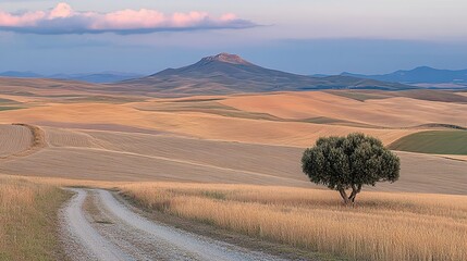 Naklejka premium Lonely tree, dirt road, sunset, rural landscape, Spain