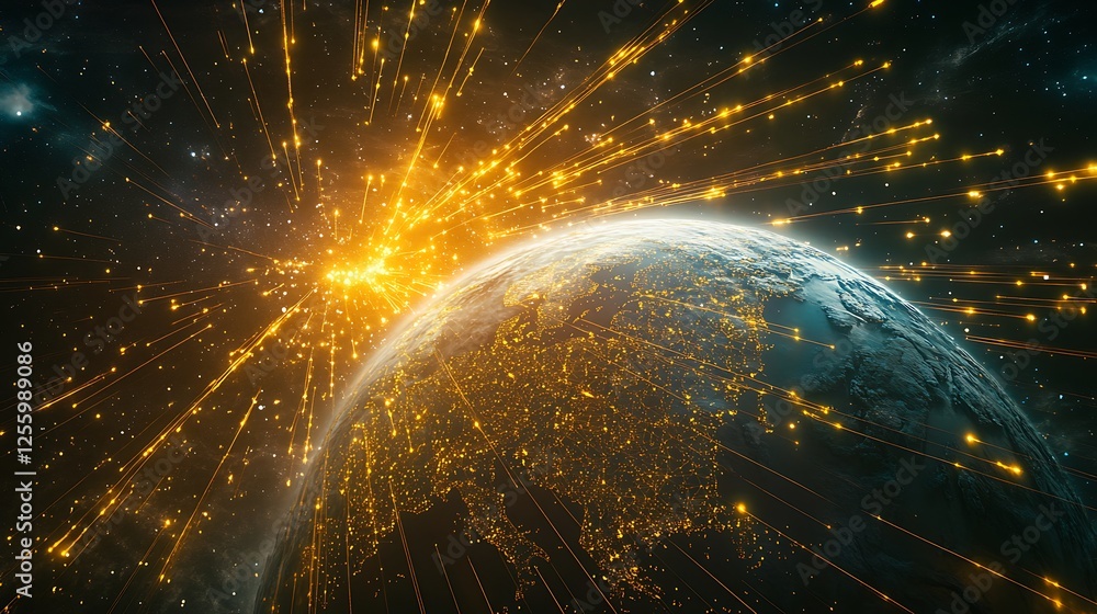 Poster digital earth with glowing data lines in space, a globe with yellow and white lines connection