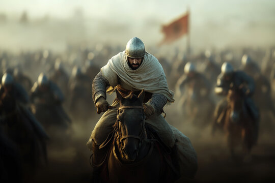 Arabic islamic muslim soldier warrior riding horse fighting in medieval holy war crusade battle
