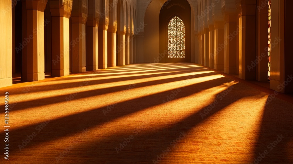 Poster serene interior of a grand mosque showcasing intricate architecture and vibrant light patterns