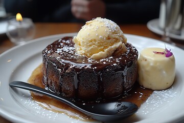 Delicious dessert featuring a chocolate cake vanilla ice cream and caramel sauce dusted with powdered sugar