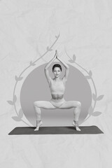 Photo cartoon comics sketch collage picture of sexy smiling lady instructor yoga lesson isolated...