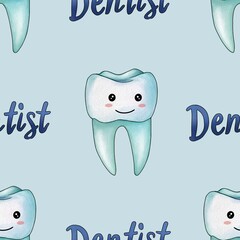 Seamless Pattern Mint Kawaii Tooth and Text Dentist Big Design on Pastel Blue Background