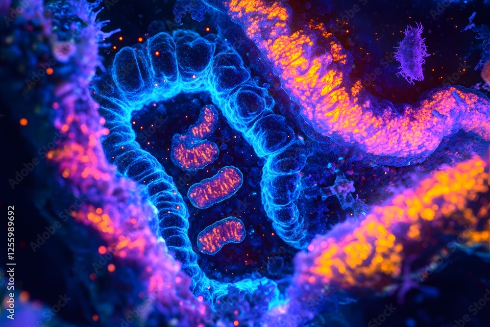 Poster vibrant microscopic view of cellular structure with neon colors