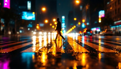 Person Crossing Wet City Street at Night with Car Light Reflections