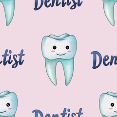 Seamless Pattern Mint Kawaii Tooth and Text Dentist Big Design on Pastel Pink Background