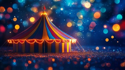 A vibrant, multicolored circus tent background adorned with twinkling lights, offering ample space for text