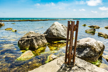 View of abandoned sea resort concrete buildings and structures in ruins near St. Constantine and Helena, city of Varna, Bulgaria, the shores of Black Sea, EU