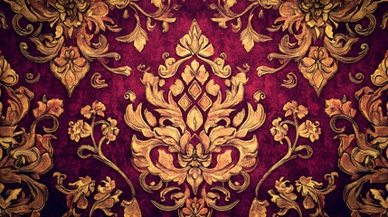 Elegant damask fabric in rich burgundy and gold, intricate floral patterns, perfect for textile design or interior decor.