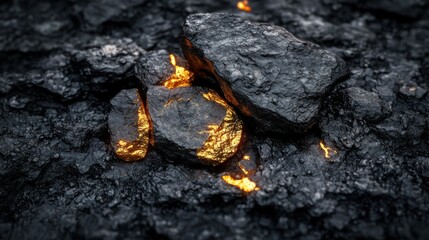 Glowing Coal Rocks Smoldering in Dark Volcanic Ash