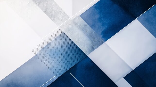 Modern abstract composition of overlapping geometric shapes in blue and white with depth and texture