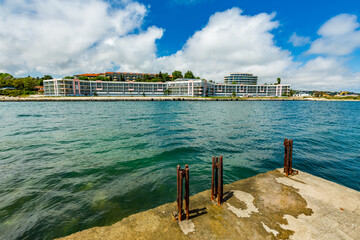 View of abandoned sea resort concrete buildings and structures in ruins near St. Constantine and Helena, city of Varna, Bulgaria, the shores of Black Sea, EU
