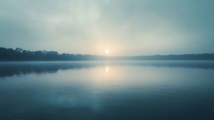 Fototapeta premium Serene Sunrise Over Foggy Lake Trees