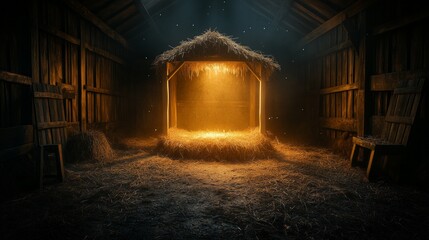 Illuminated nativity scene with straw-filled manger in wooden stable for christmas decor and design purposes